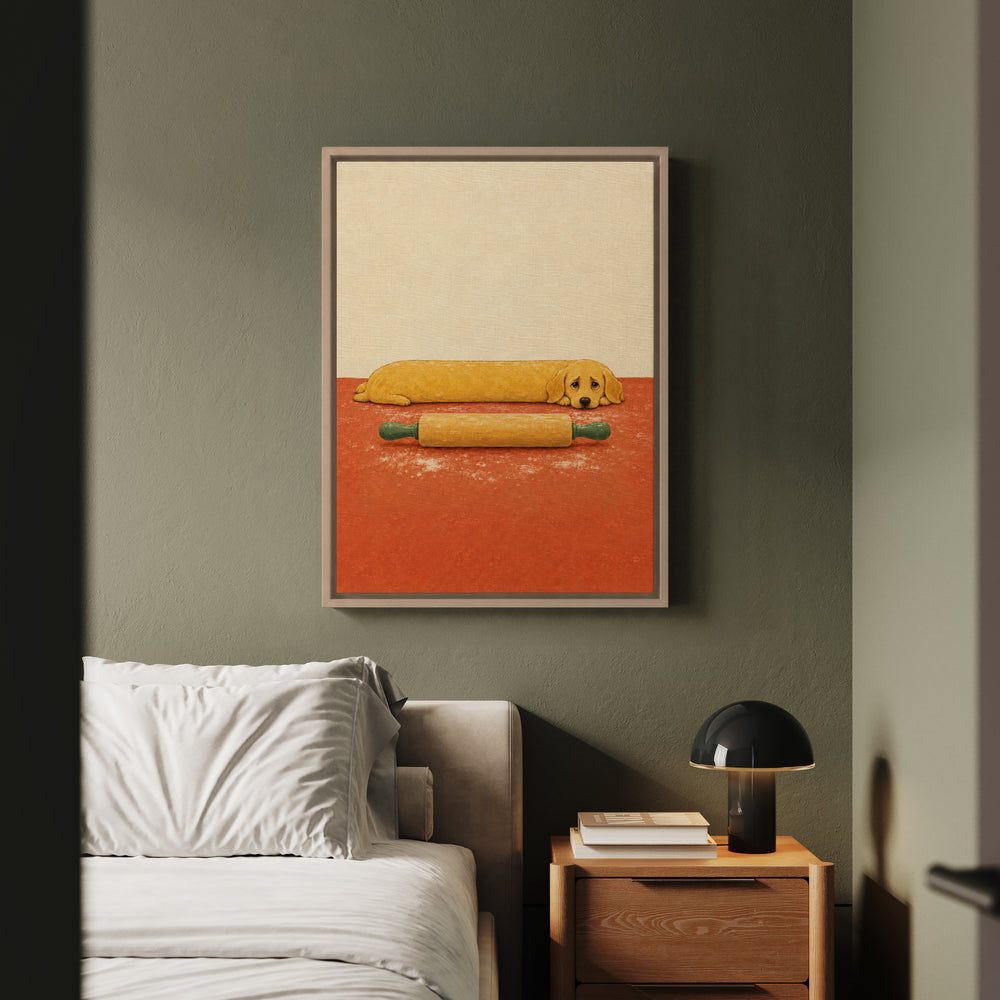 Rolling Pin Patrol – Funny Kitchen Art with a Dog on Floured Counter Duty – Framed Canvas Wall Art