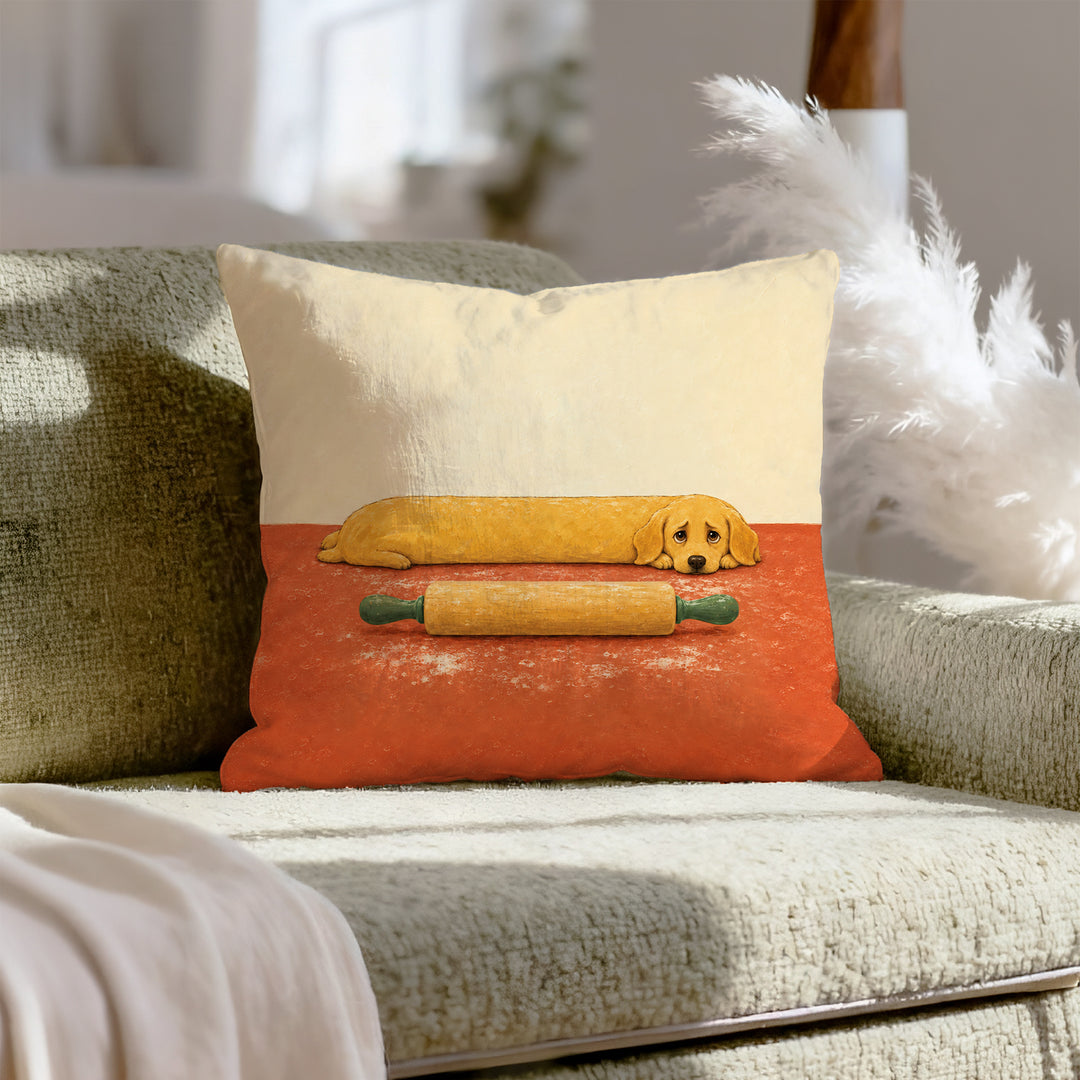 Rolling Pin Patrol – Funny Kitchen Art with a Dog on Floured Counter Duty – Pillow / Cover