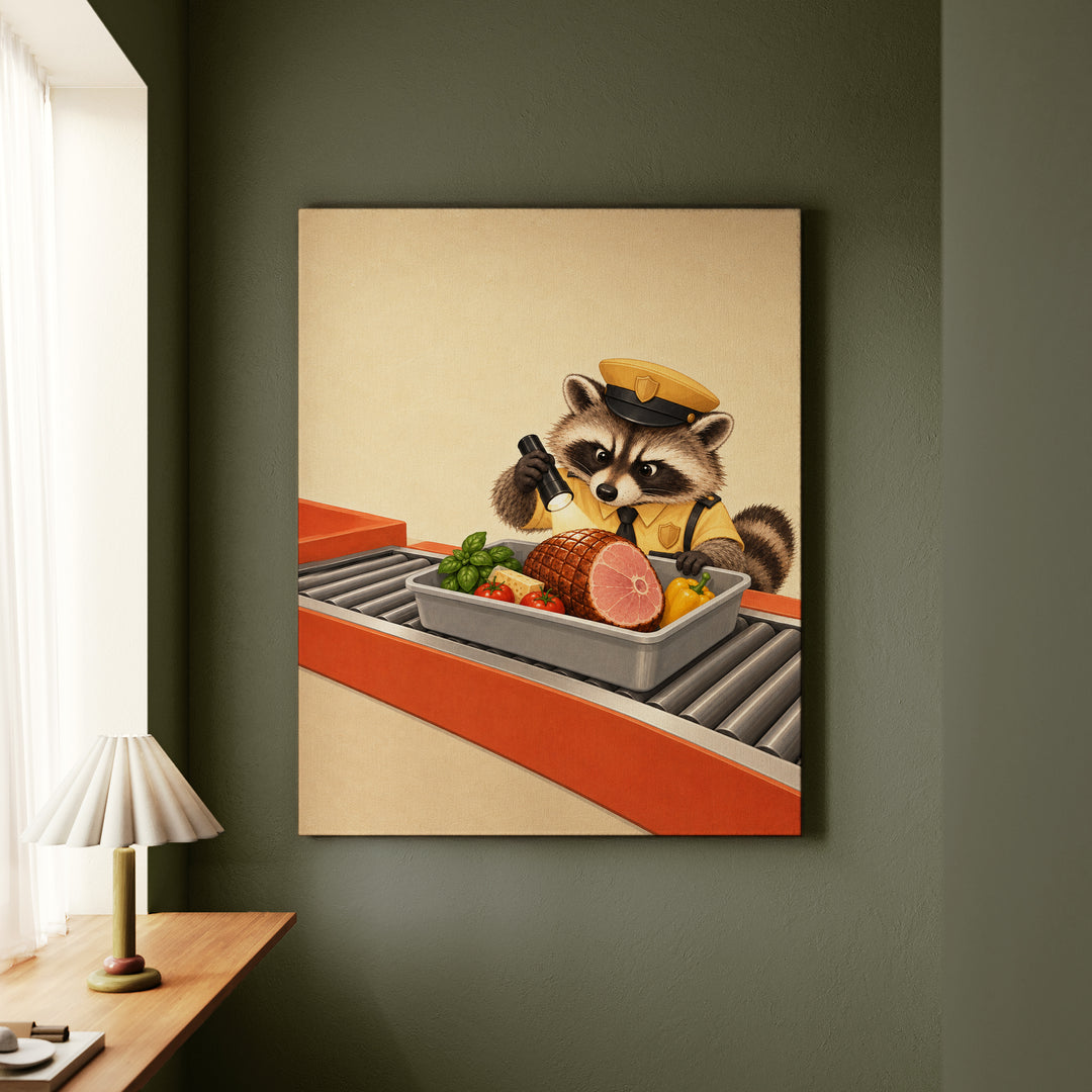 Snack Customs – Funny Kitchen Art with a Raccoon Inspecting Groceries – Canvas / Framed Canvas