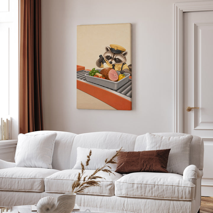 Snack Customs – Funny Kitchen Art with a Raccoon Inspecting Groceries – Canvas Wall Art