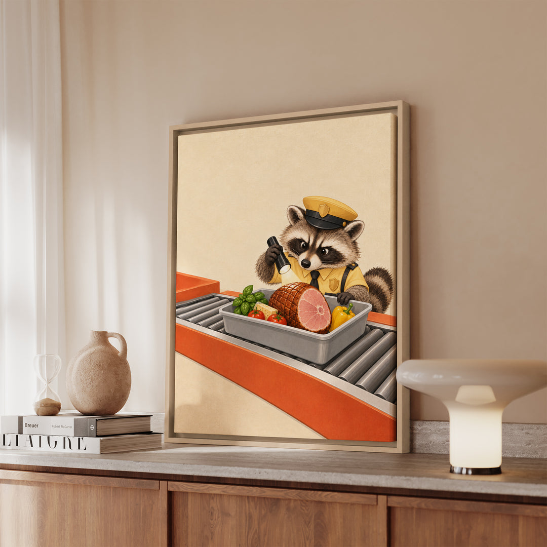 Snack Customs – Funny Kitchen Art with a Raccoon Inspecting Groceries – Canvas / Framed Canvas