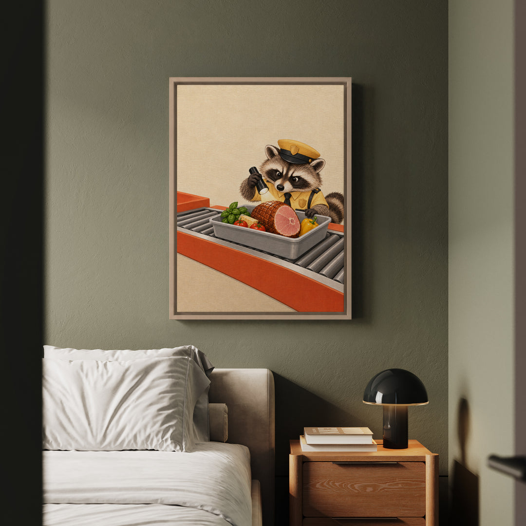 Snack Customs – Funny Kitchen Art with a Raccoon Inspecting Groceries – Canvas / Framed Canvas