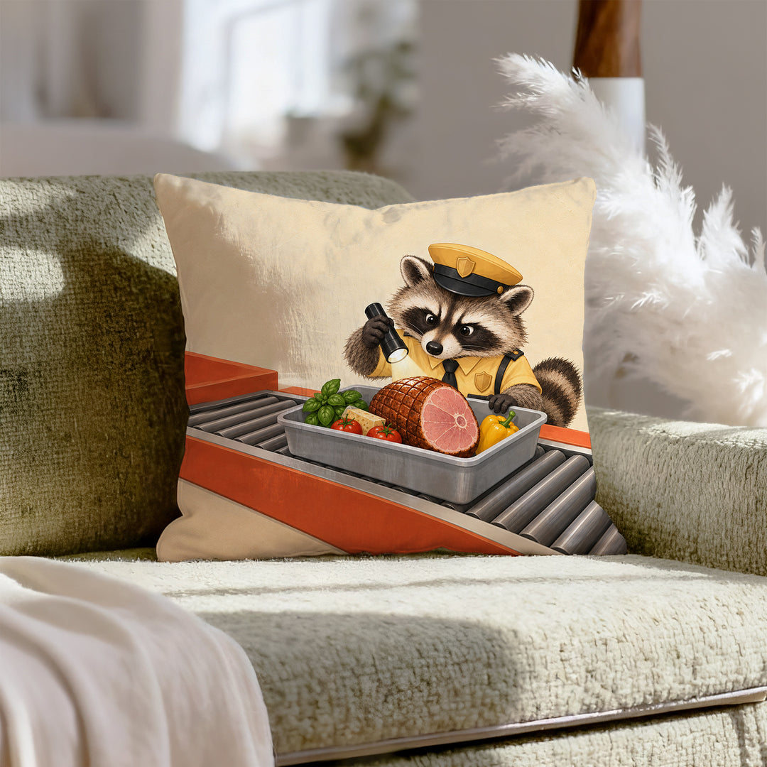 Snack Customs – Funny Kitchen Decor with a Raccoon Inspecting Groceries – Throw Pillow