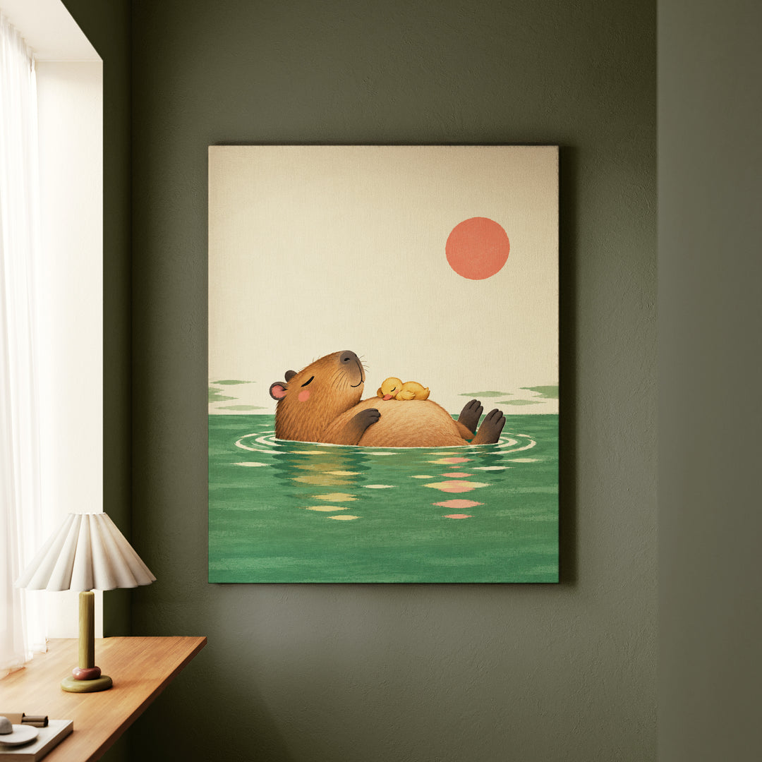 Pool Day – Capybara Wall Art with a Floating Duckling Nap – Canvas / Framed Canvas