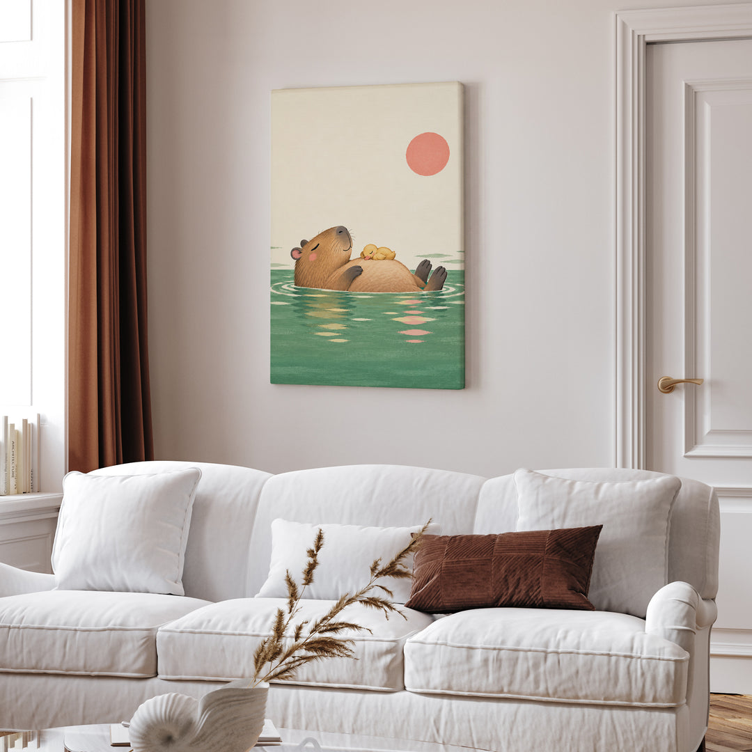 Pool Day – Capybara Wall Art with a Floating Duckling Nap – Canvas Wall Art