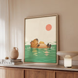 Pool Day – Capybara Wall Art with a Floating Duckling Nap – Framed Canvas Wall Art