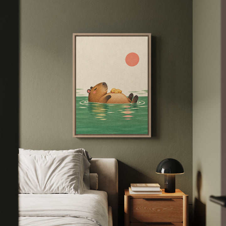 Pool Day – Capybara Wall Art with a Floating Duckling Nap – Framed Canvas Wall Art