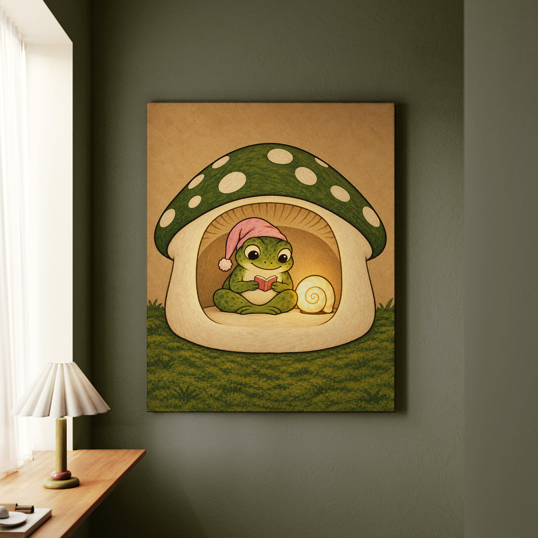 Bedtime Story – Frog Decor with a Nightcap and Snail Shell Lamp – Canvas Wall Art