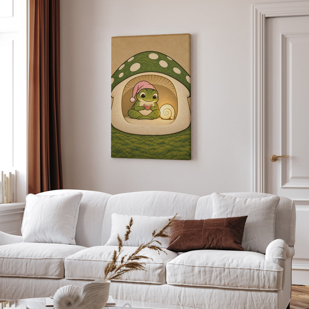 Bedtime Story – Frog Decor with a Nightcap and Snail Shell Lamp – Canvas Wall Art