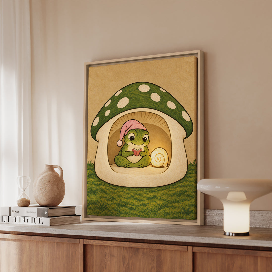 Bedtime Story – Frog Decor with a Nightcap and Snail Shell Lamp – Framed Canvas Wall Art