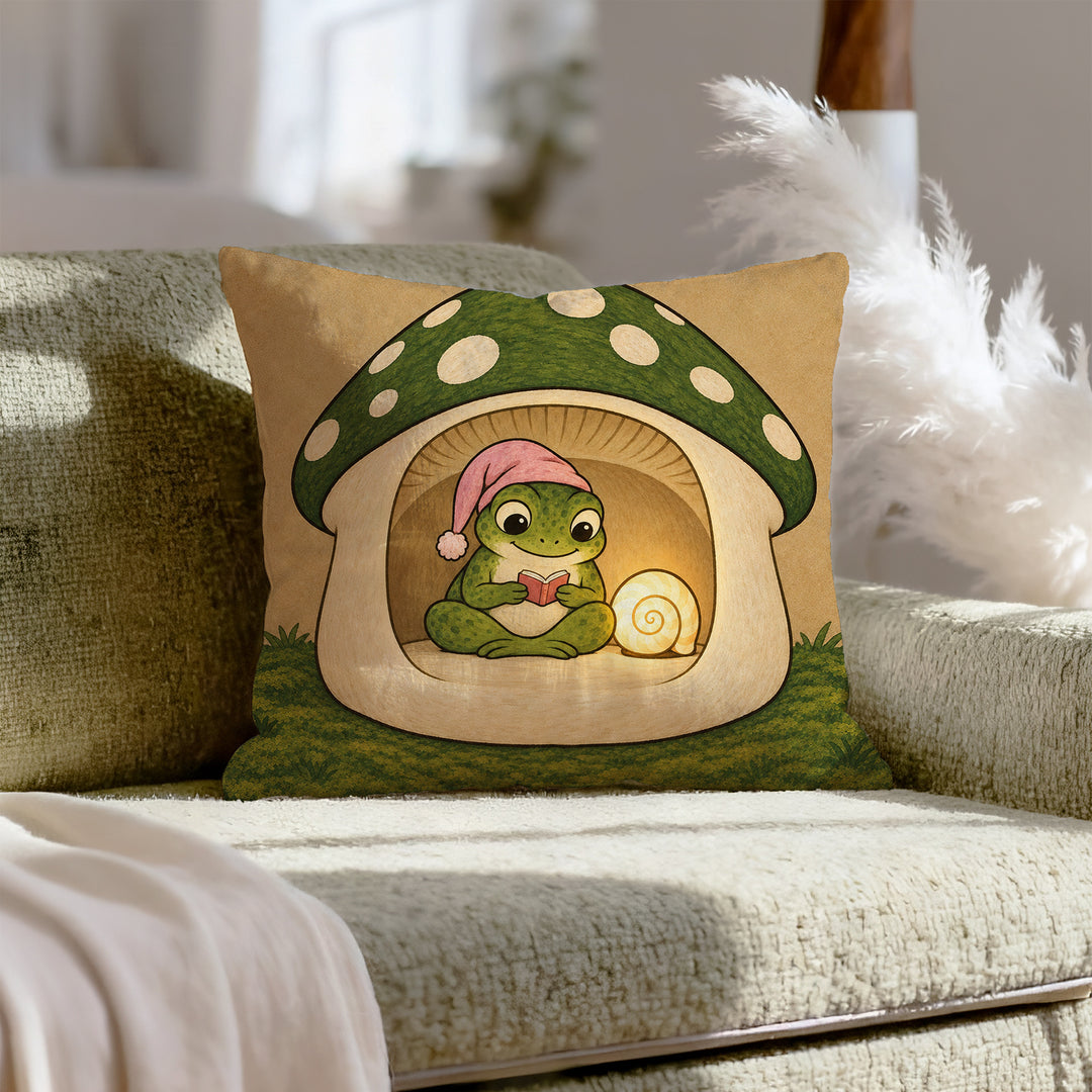 Bedtime Story – Frog Decor with a Nightcap and Snail Shell Lamp – Throw Pillow