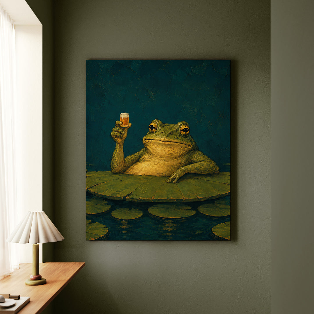 Hoppy Hour – Beer Wall Art with a Frog at a Lily Pad Bar – Canvas Wall Art
