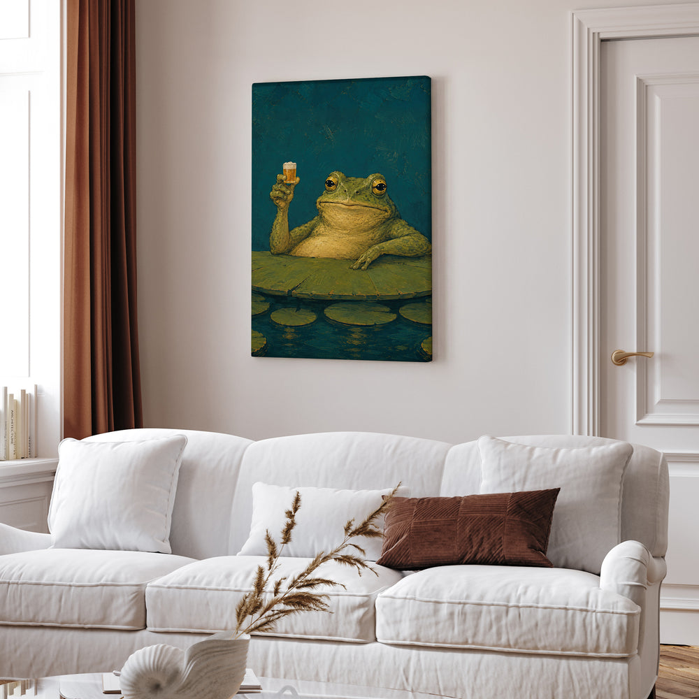 Hoppy Hour – Beer Wall Art with a Frog at a Lily Pad Bar – Canvas Wall Art