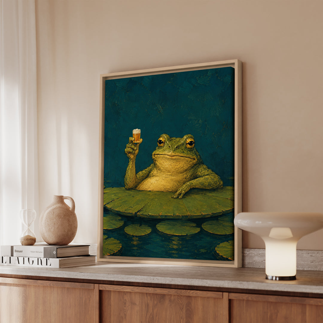 Hoppy Hour – Beer Wall Art with a Frog at a Lily Pad Bar – Framed Canvas Wall Art