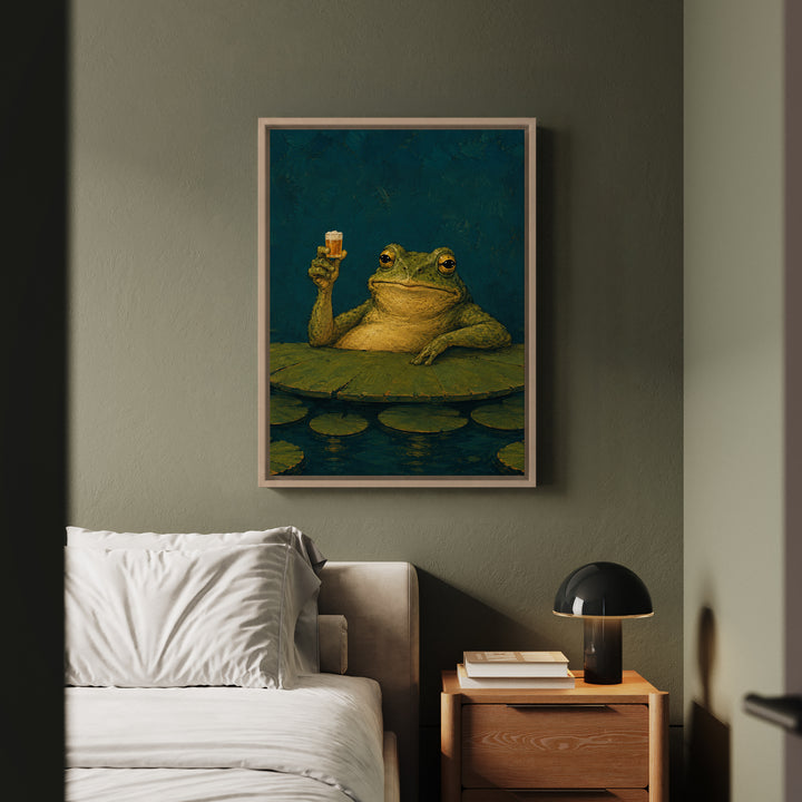 Hoppy Hour – Beer Wall Art with a Frog at a Lily Pad Bar – Framed Canvas Wall Art