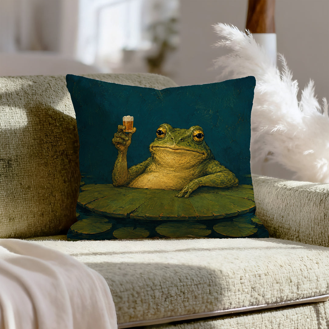 Hoppy Hour – Beer Wall Art with a Frog at a Lily Pad Bar – Pillow / Cover