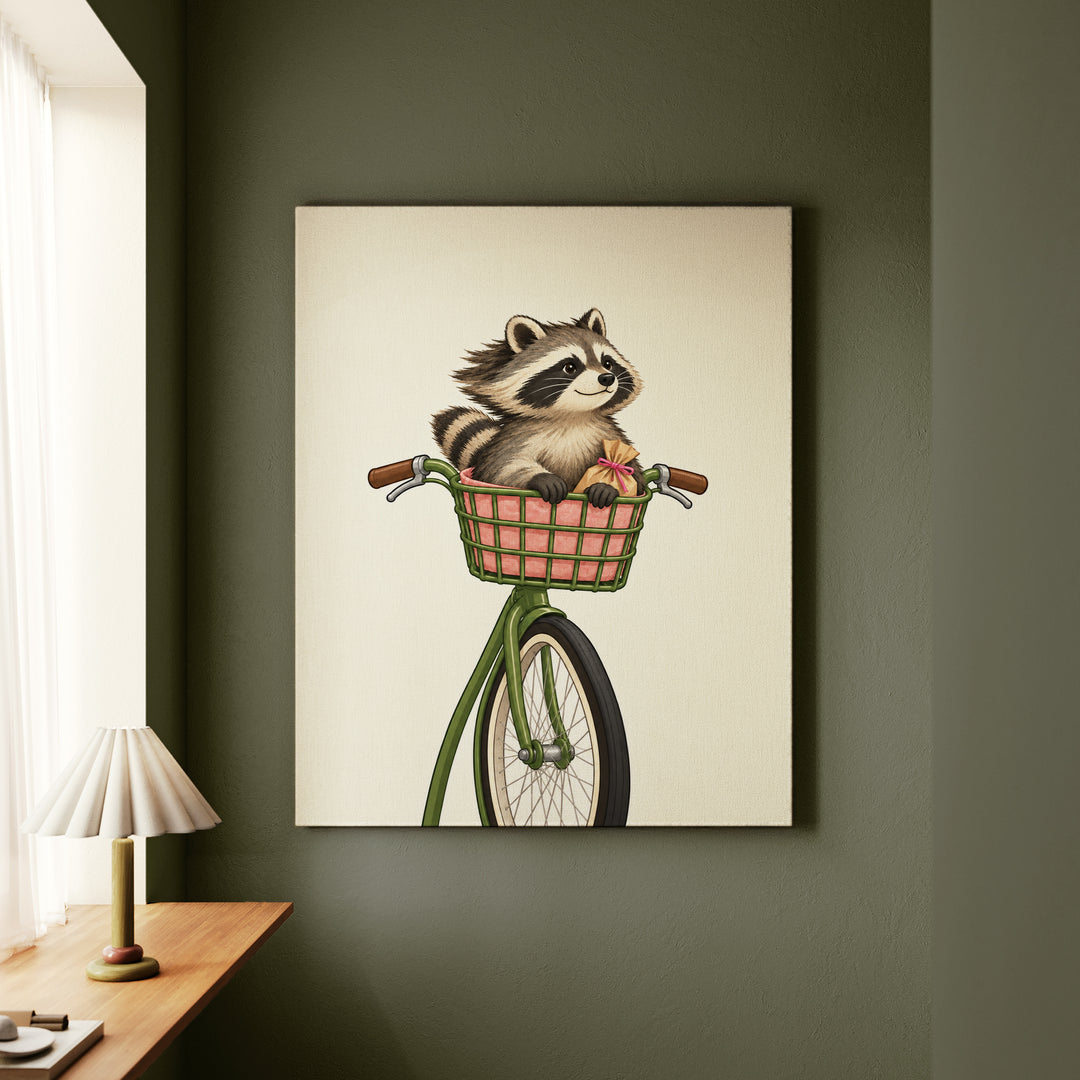 The Commuter – Raccoon Decor with a Bicycle Basket Ride – Canvas Wall Art