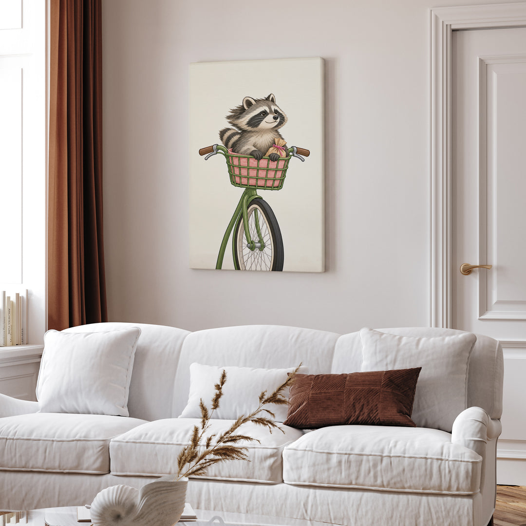 The Commuter – Raccoon Decor with a Bicycle Basket Ride – Canvas Wall Art