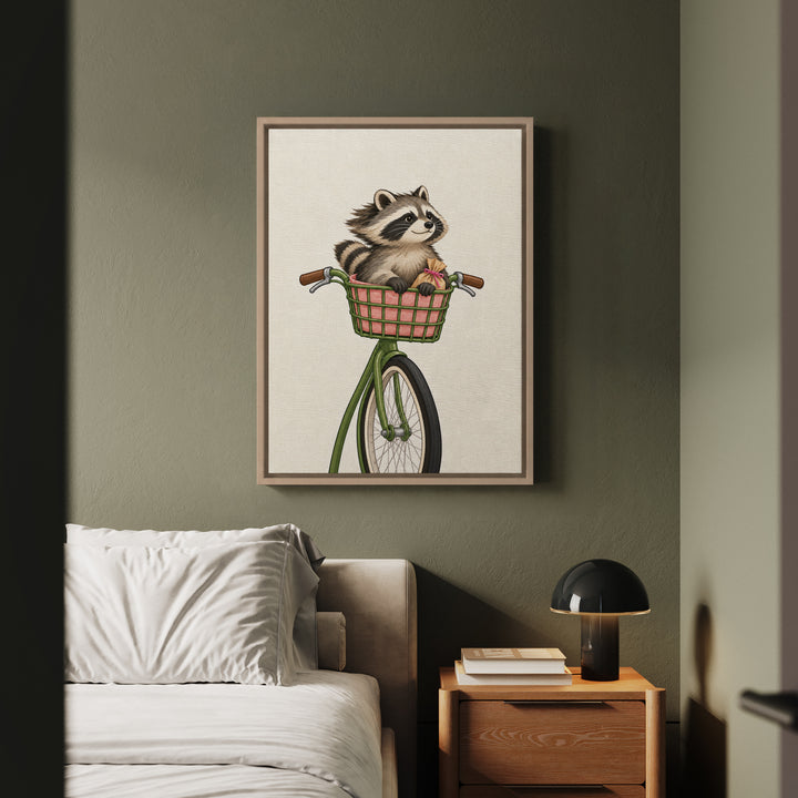 The Commuter – Raccoon Decor with a Bicycle Basket Ride – Framed Canvas Wall Art