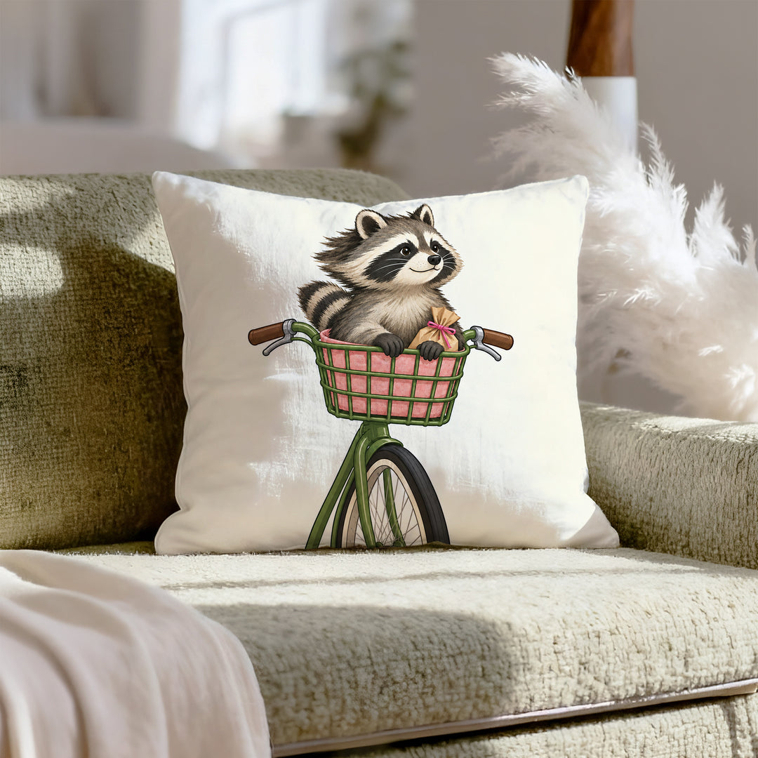The Commuter – Raccoon Decor with a Bicycle Basket Ride – Throw Pillow