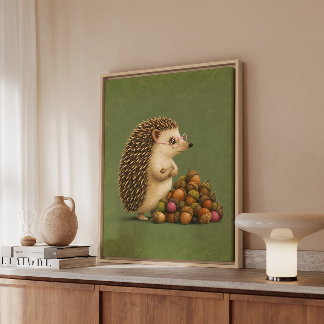 Hedge Fund – Hedgehog Art with an Acorn Pile and Reading Glasses – Framed Canvas Wall Art