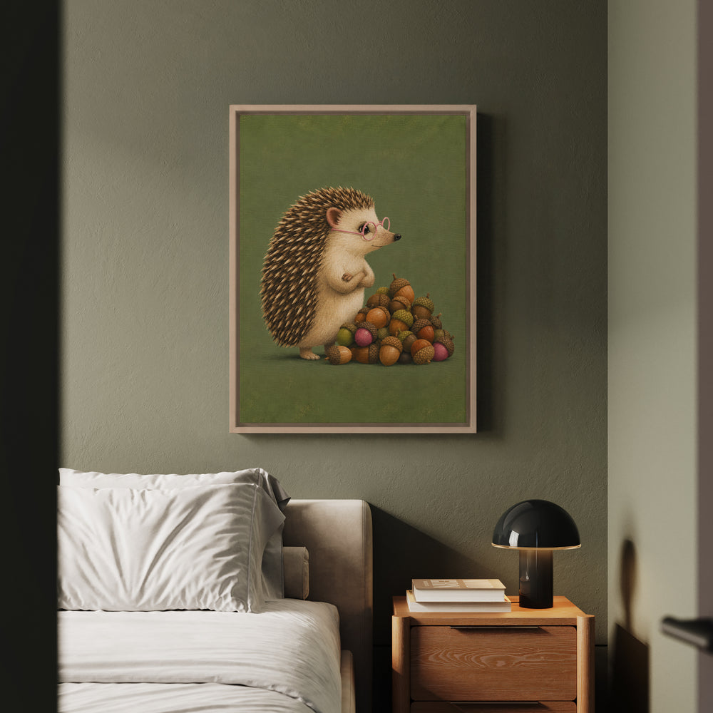 Hedge Fund – Hedgehog Art with an Acorn Pile and Reading Glasses – Framed Canvas Wall Art