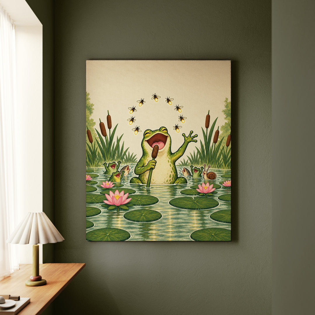 Pond Karaoke – Frog Art with a Reed Microphone and Fireflies – Canvas Wall Art