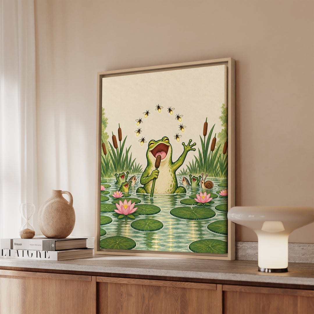 Pond Karaoke – Frog Art with a Reed Microphone and Fireflies – Framed Canvas Wall Art