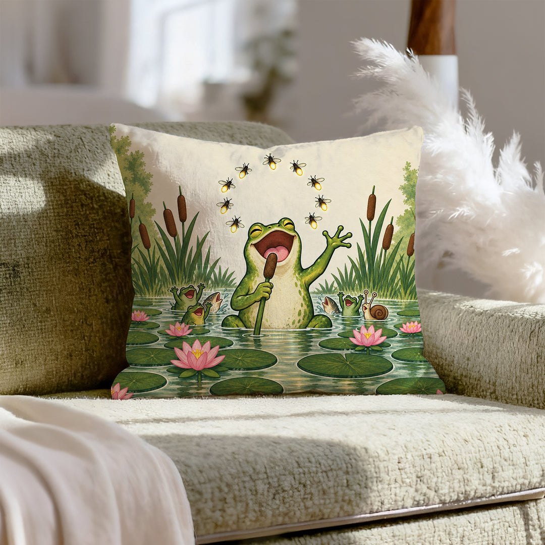 Pond Karaoke – Frog Decor with a Reed Microphone and Fireflies – Throw Pillow