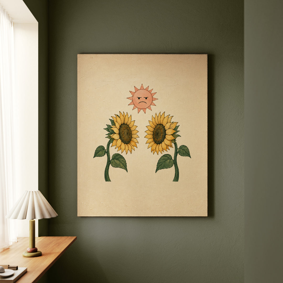 Sunflower Standoff – Botanical Wall Art with Two Blooms Facing Each Other – Canvas Wall Art