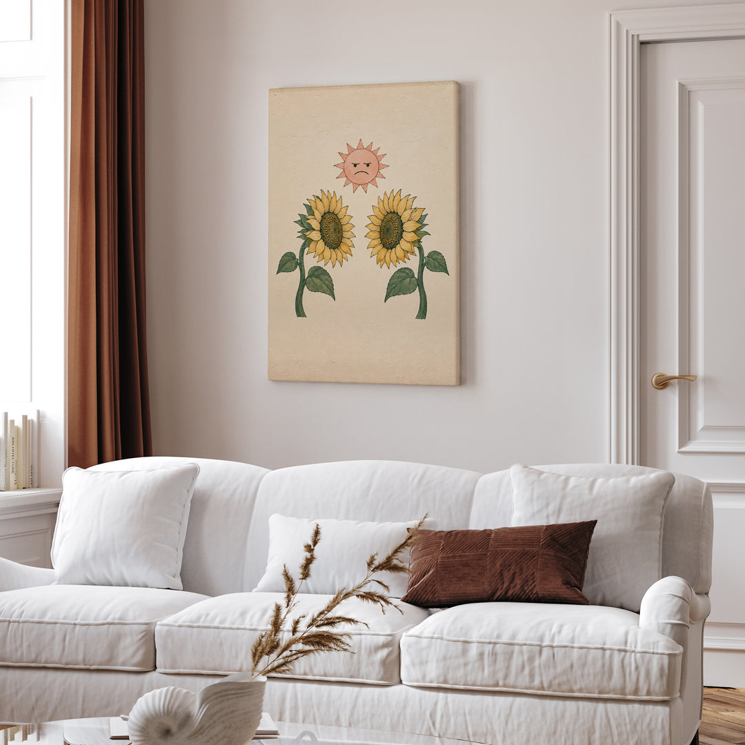 Sunflower Standoff – Botanical Wall Art with Two Blooms Facing Each Other – Canvas / Framed Canvas