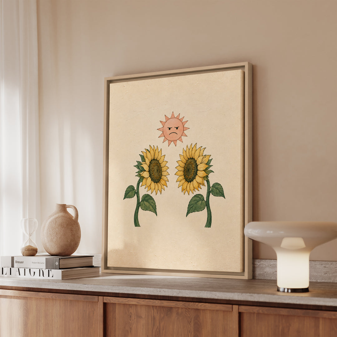 Sunflower Standoff – Botanical Wall Art with Two Blooms Facing Each Other – Framed Canvas Wall Art
