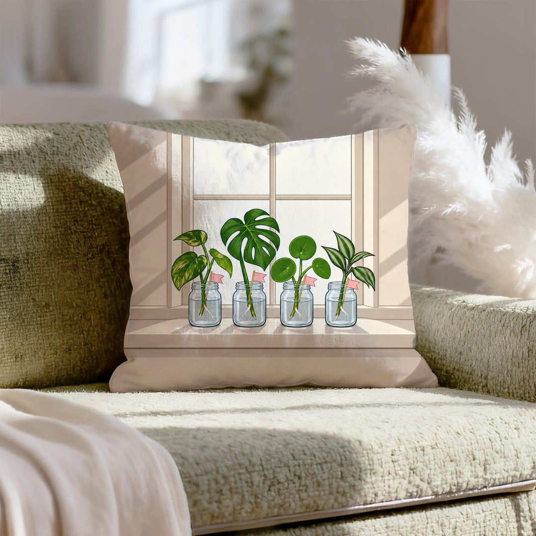 The Propagation Station – Plant Decor with Windowsill Jars and Milestones – Pillow Cover