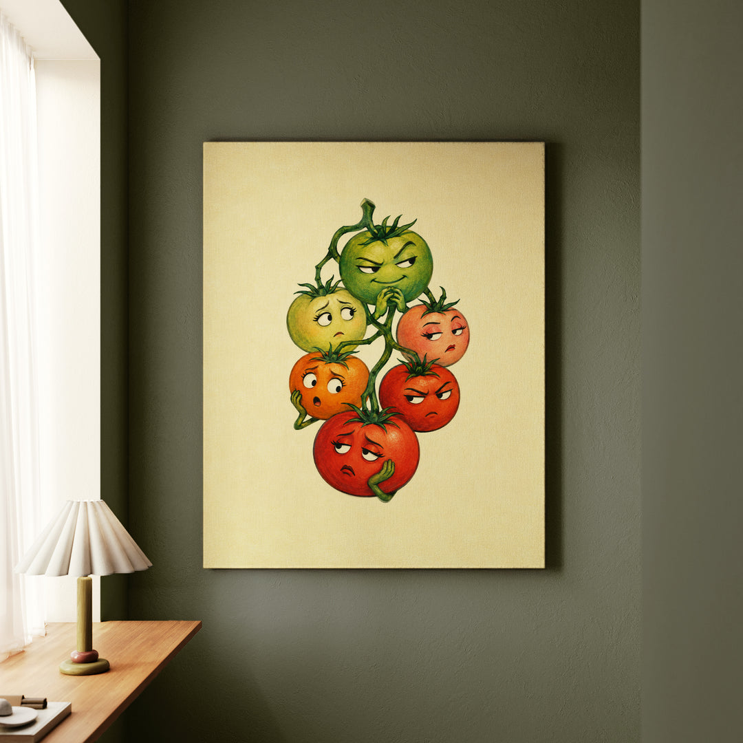 Tomato Drama – Funny Kitchen Art with a Vine at Every Ripeness – Canvas Wall Art