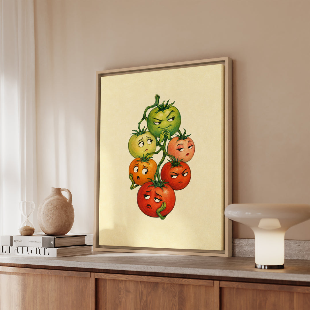 Tomato Drama – Funny Kitchen Art with a Vine at Every Ripeness – Framed Canvas Wall Art