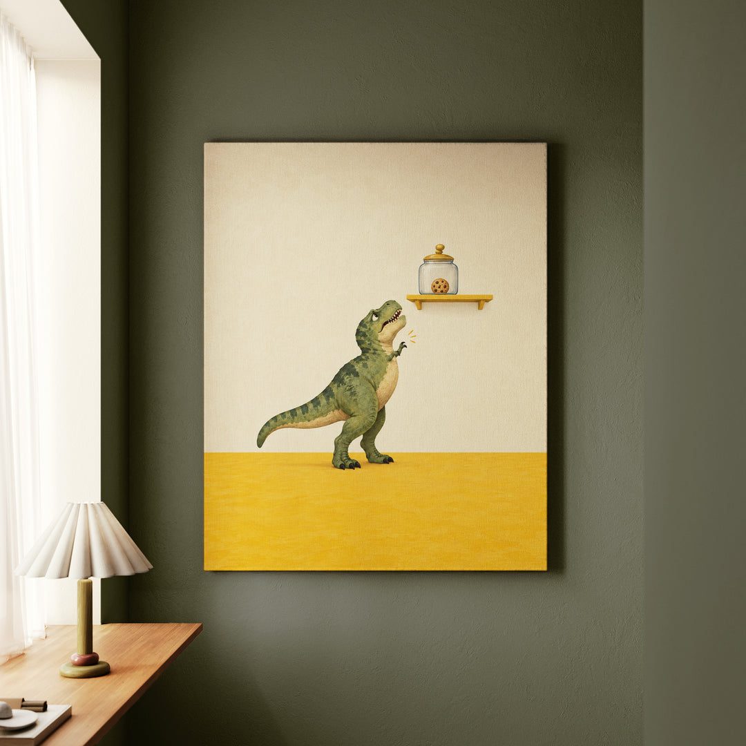 The Last Cookie – Dinosaur Art with Short Arms and a Distant Jar – Canvas / Framed Canvas