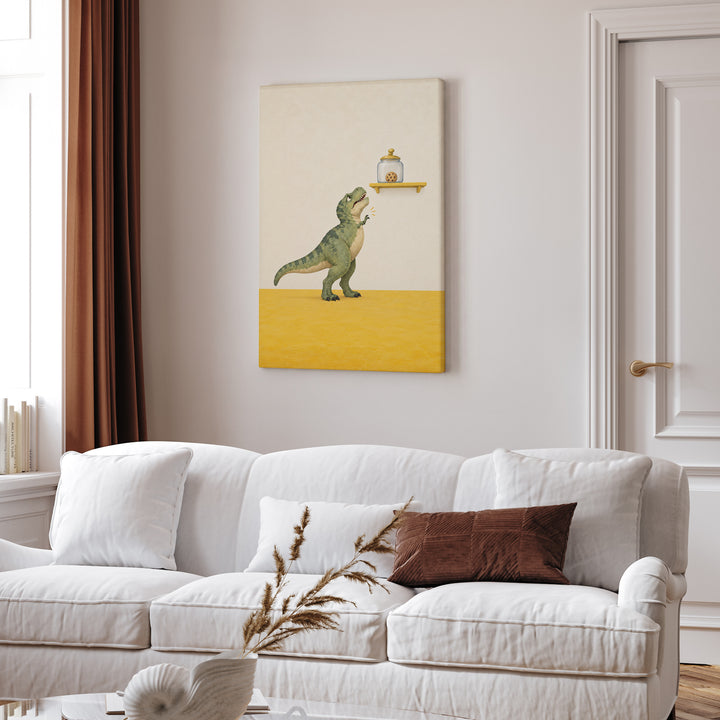 The Last Cookie – Dinosaur Art with Short Arms and a Distant Jar – Canvas Wall Art