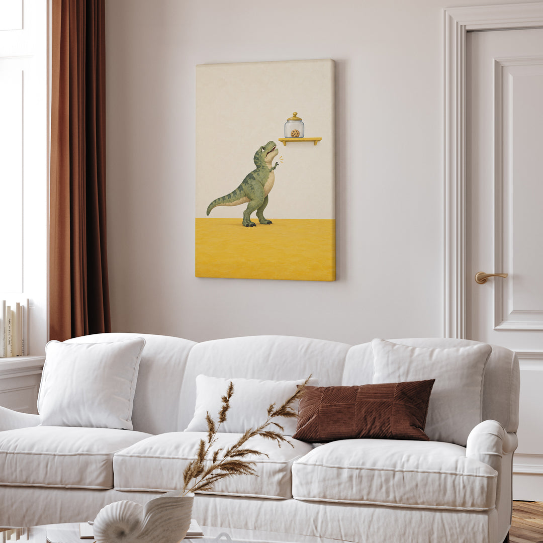 The Last Cookie – Dinosaur Art with Short Arms and a Distant Jar – Canvas / Framed Canvas