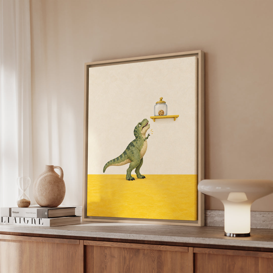 The Last Cookie – Dinosaur Art with Short Arms and a Distant Jar – Canvas / Framed Canvas