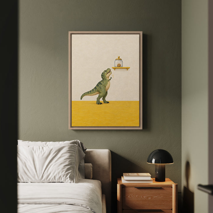 The Last Cookie – Dinosaur Art with Short Arms and a Distant Jar – Canvas / Framed Canvas
