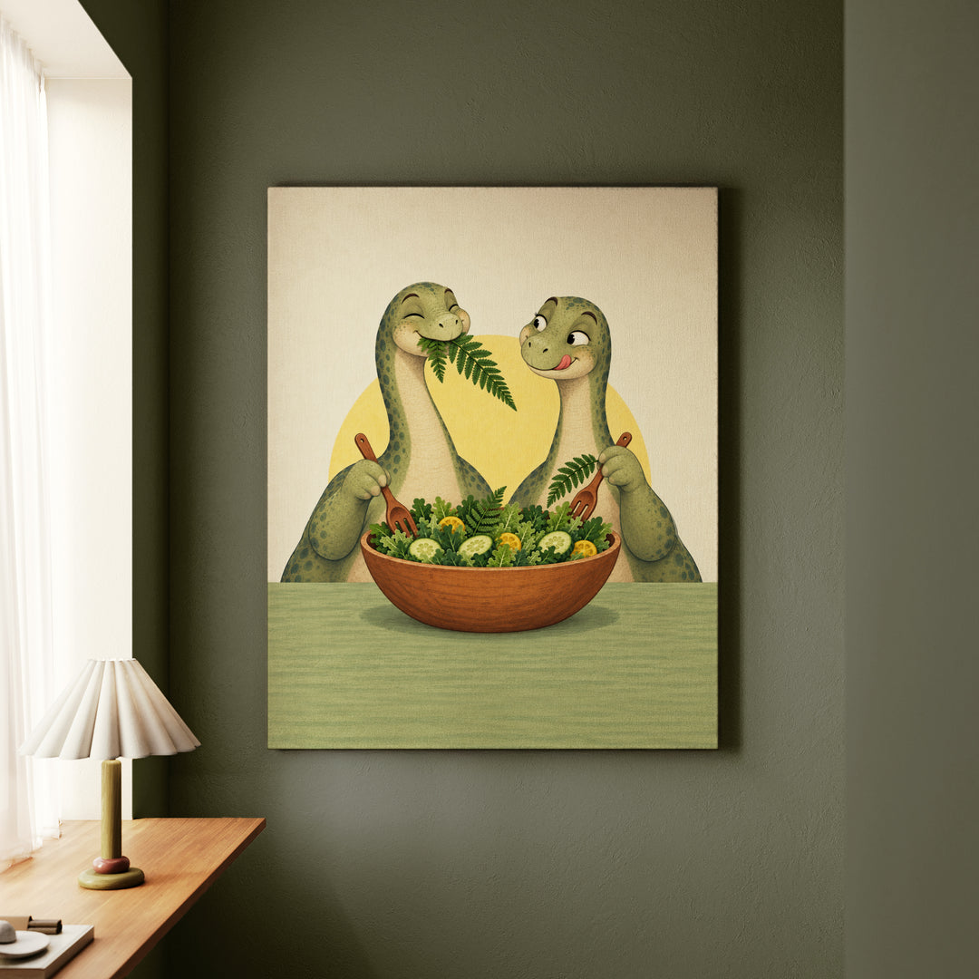 Herbivore Brunch Club – Dinosaur Decor with Long Necks Sharing a Salad – Canvas Wall Art