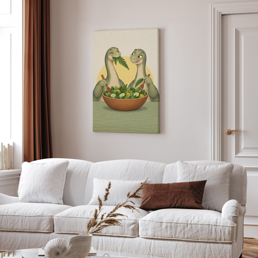 Herbivore Brunch Club – Dinosaur Decor with Long Necks Sharing a Salad – Canvas Wall Art