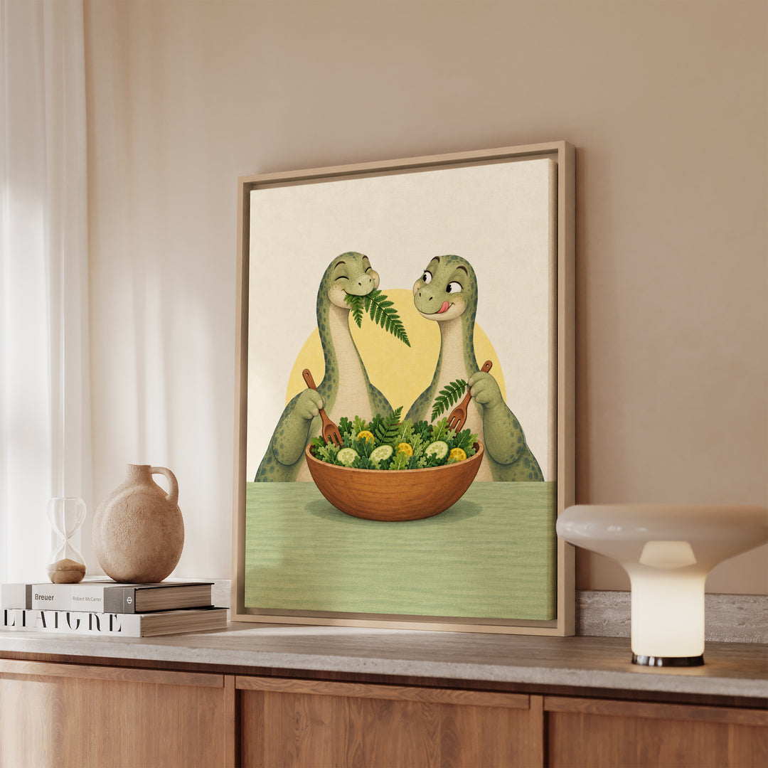 Herbivore Brunch Club – Dinosaur Decor with Long Necks Sharing a Salad – Canvas / Framed Canvas