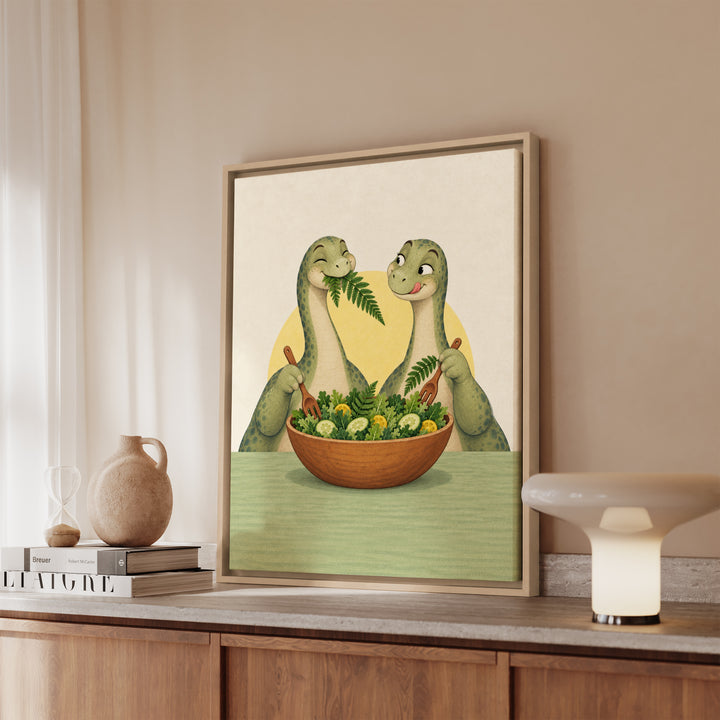 Herbivore Brunch Club – Dinosaur Decor with Long Necks Sharing a Salad – Canvas / Framed Canvas
