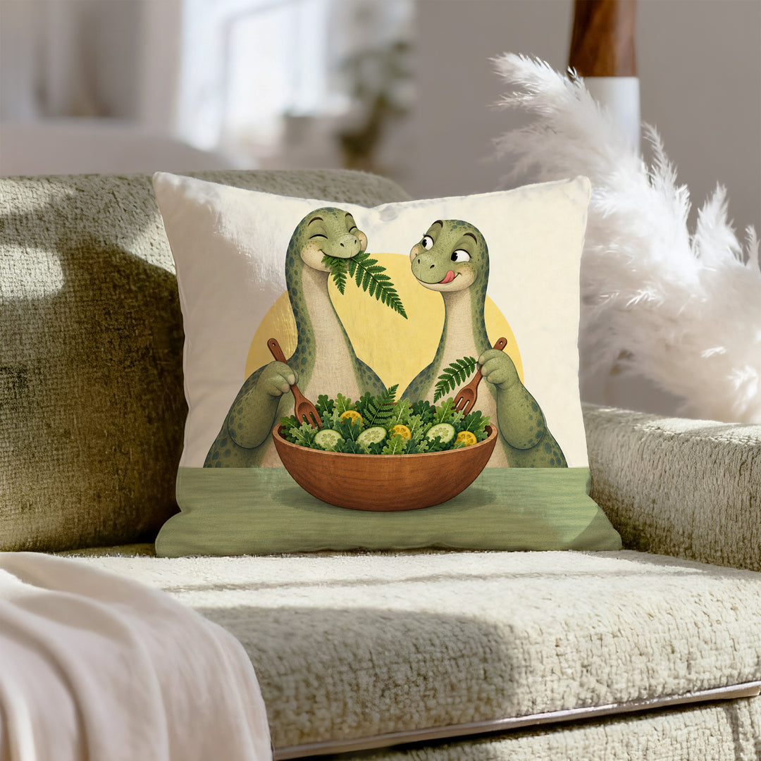 Herbivore Brunch Club – Dinosaur Decor with Long Necks Sharing a Salad – Throw Pillow