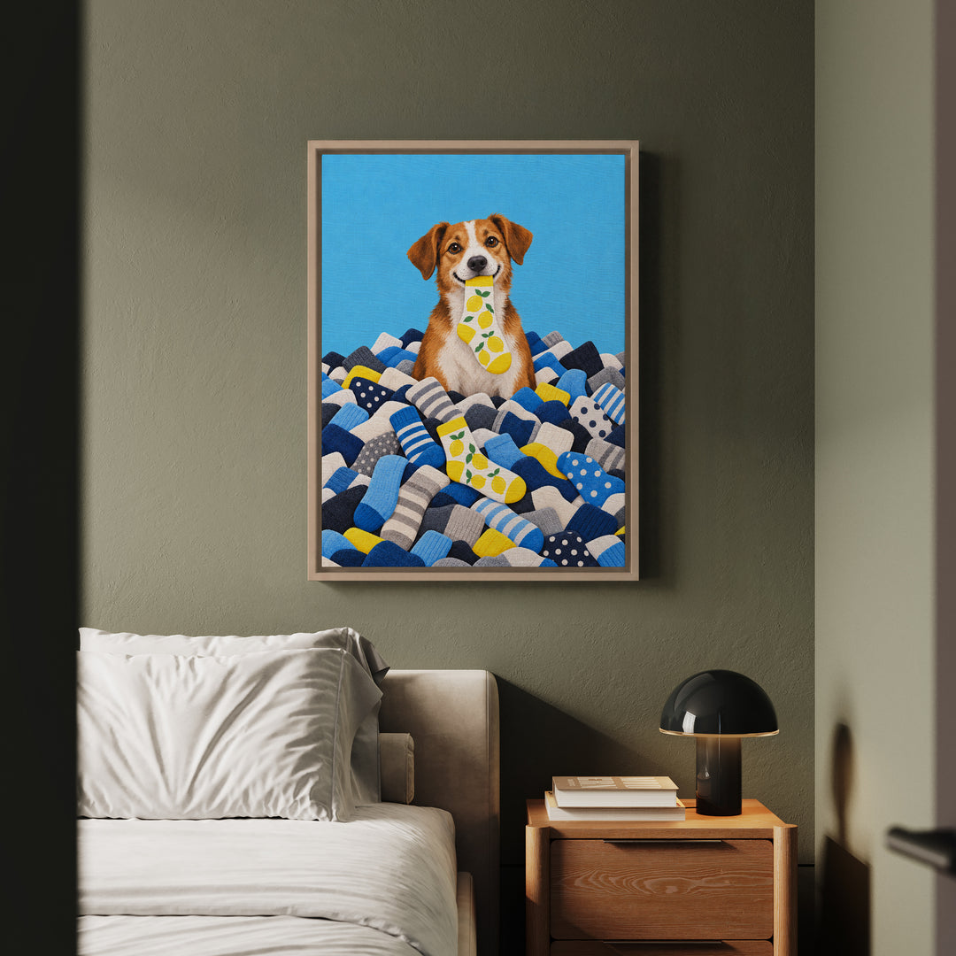 Sock Amnesty – Laundry Room Decor with a Mountain of Single Socks – Framed Canvas Wall Art