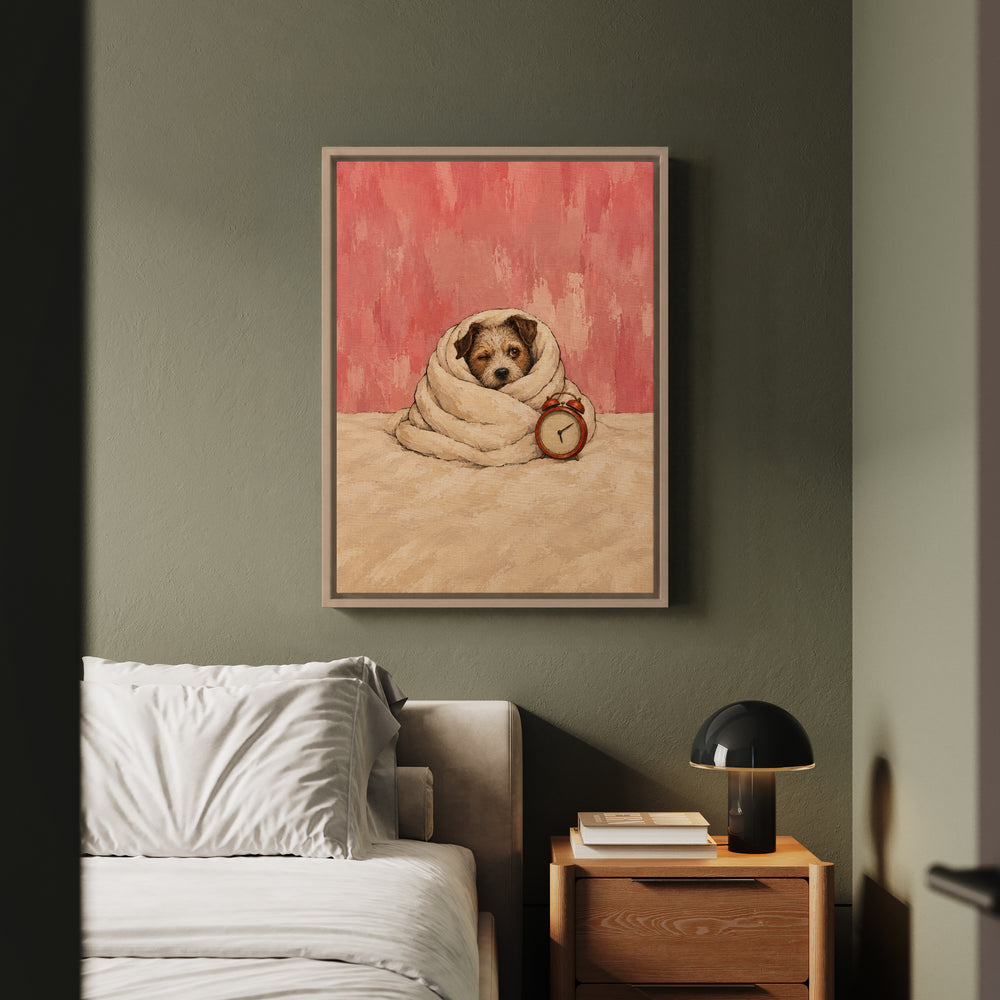Five More Minutes – Above Bed Art with a Duvet Cocoon and One Open Eye – Framed Canvas Wall Art