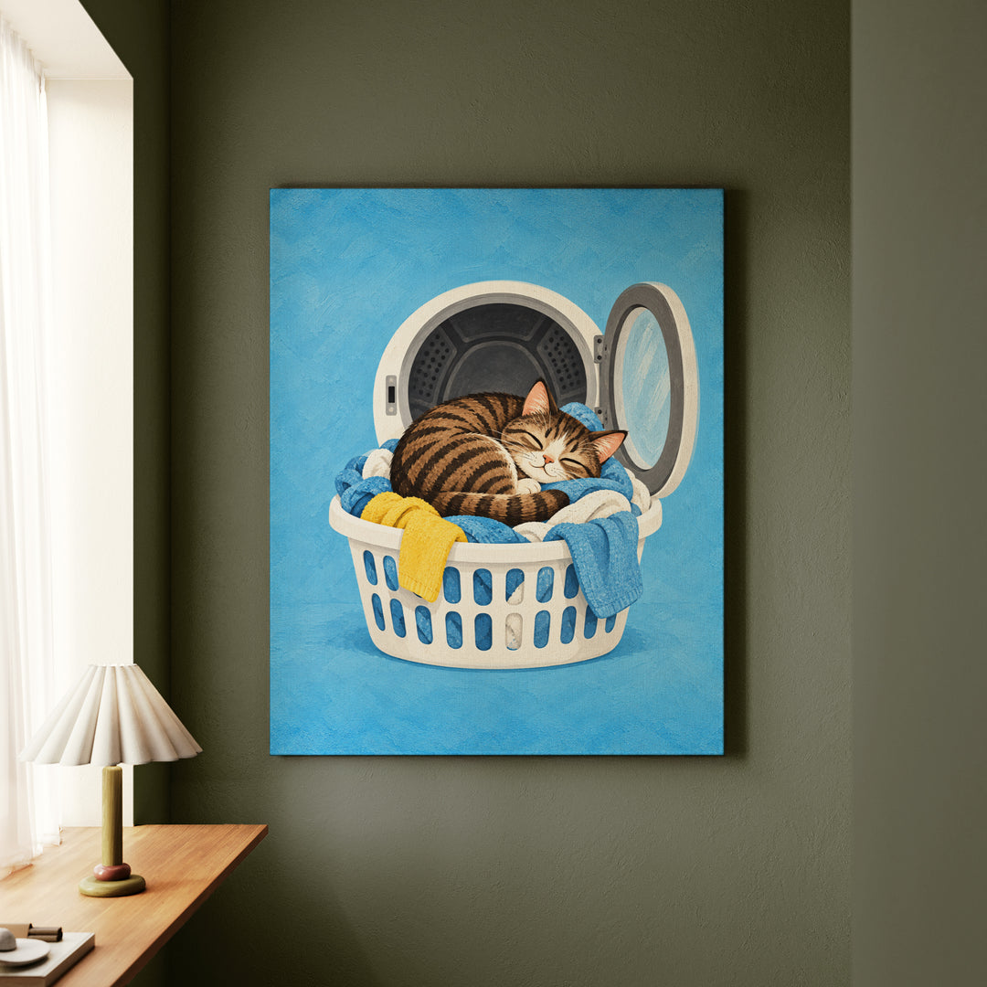 Warm Load – Laundry Room Art with a Tabby in Fresh Linens – Canvas / Framed Canvas