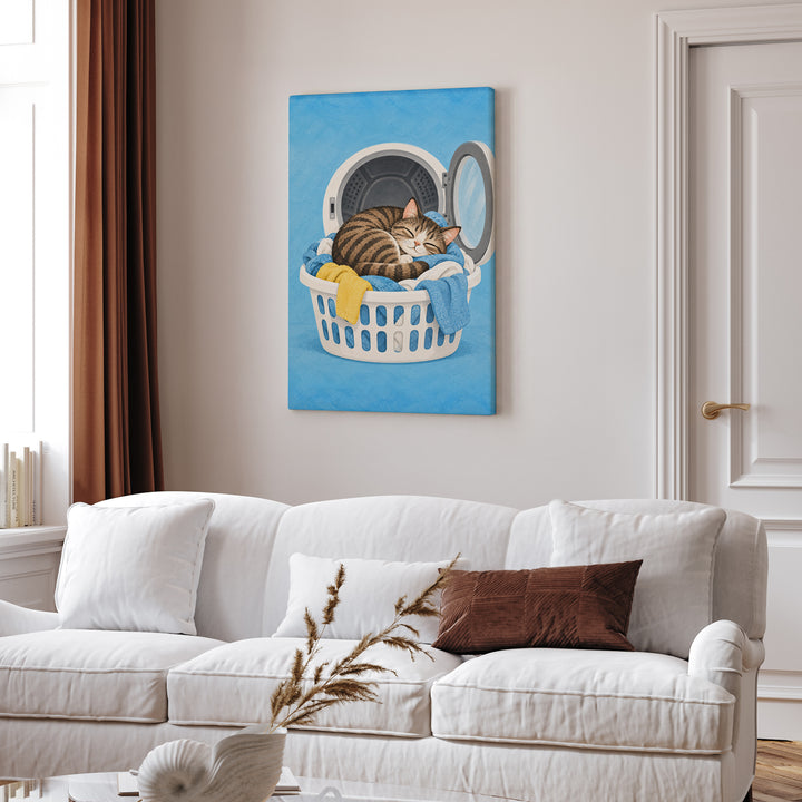 Warm Load – Laundry Room Art with a Tabby in Fresh Linens – Canvas Wall Art