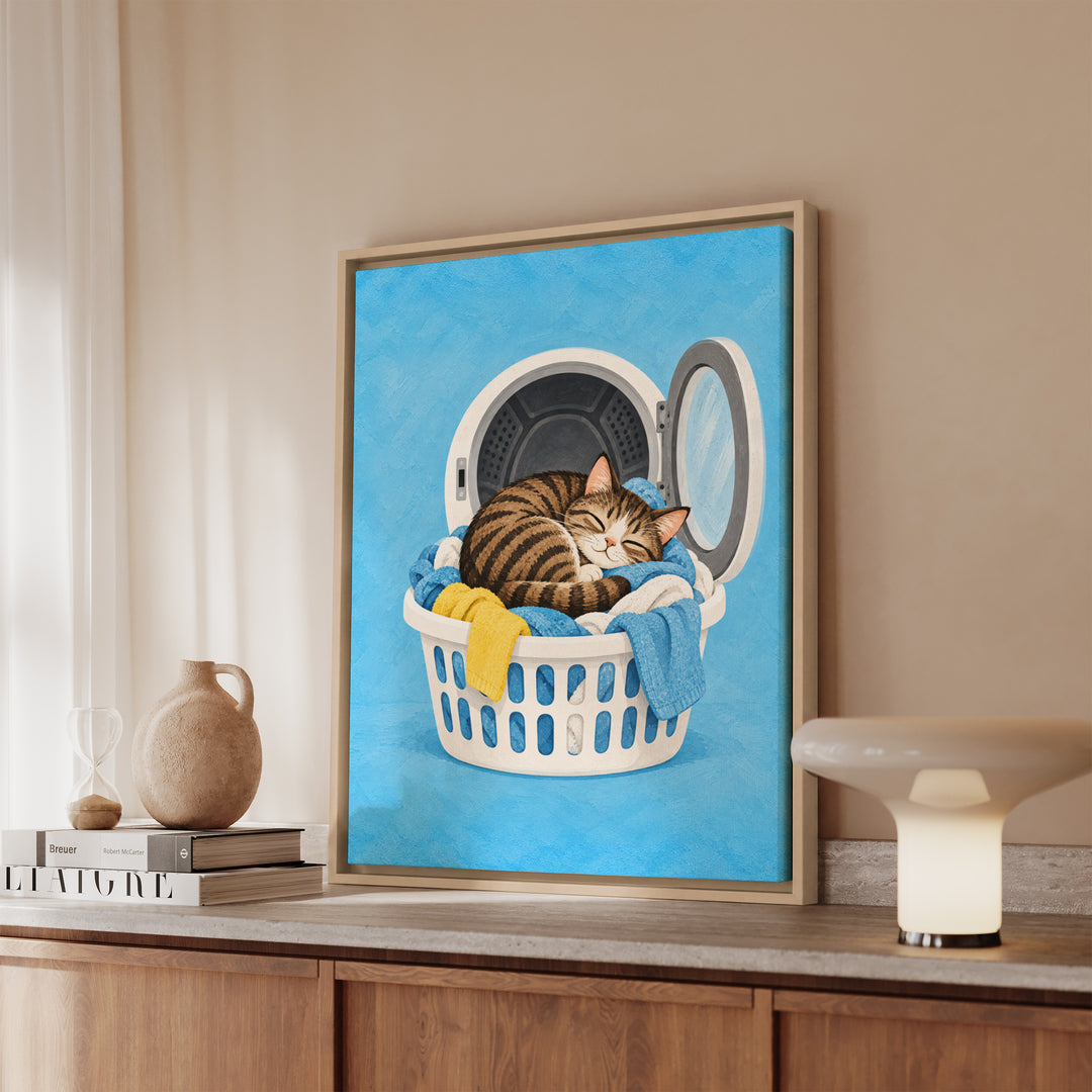Warm Load – Laundry Room Art with a Tabby in Fresh Linens – Framed Canvas Wall Art